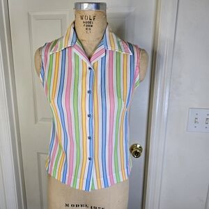 DiFini Vintage Womens Striped Button Front Sleeveless Shirt M‎